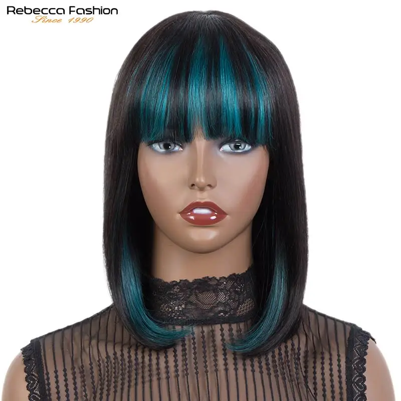 Rebecca Hair Short Bob Wig With Bangs for Women Straight Human Bob Wig Black Blue Purple Wig for Party Daily Use Shoulder Length