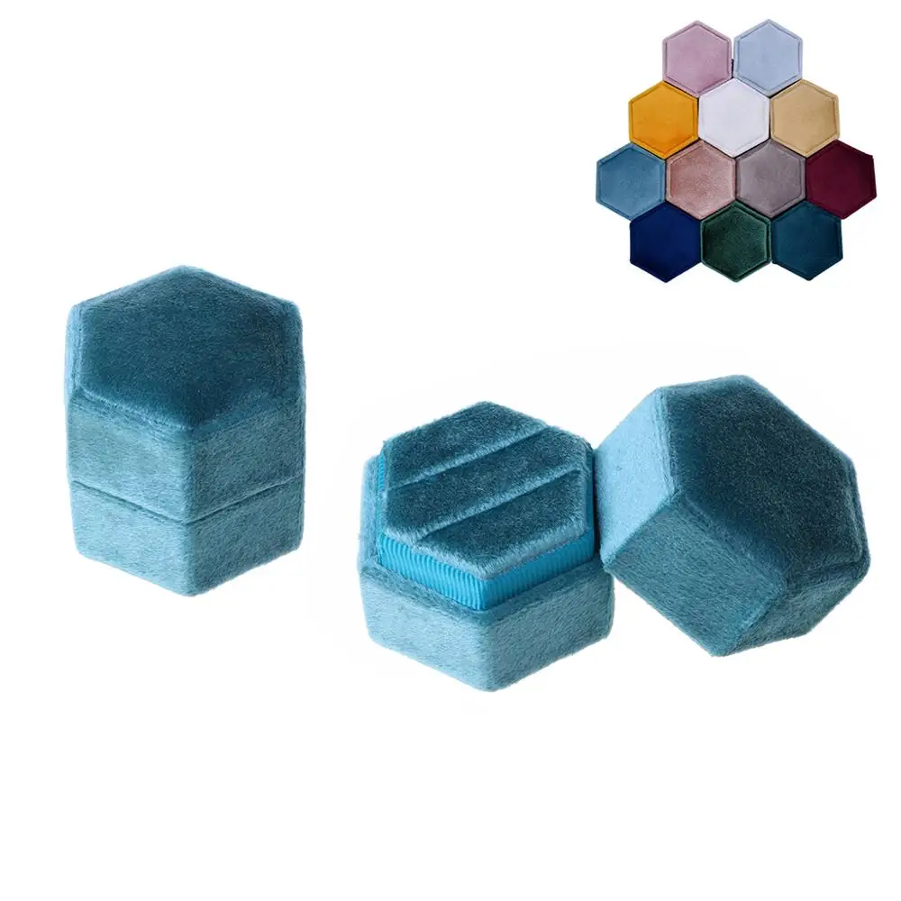 

Бархатная коробка для двух колец, шестигранная Свадебная церемония, кольцо, коробка для предложения, помолвка, свадьба со съемной крышкой