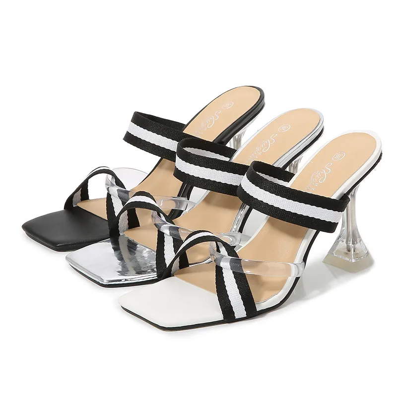 

New Fashion Transpatent Spike High Heels Slides Square Toe Large Size Slippers for Women