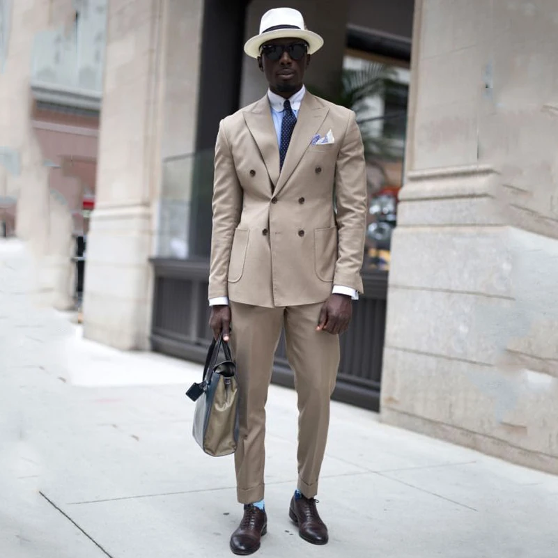 Коричневые облегающие деловые мужские костюмы 2020 двубортные свадебные с остроконечным лацканом костюм