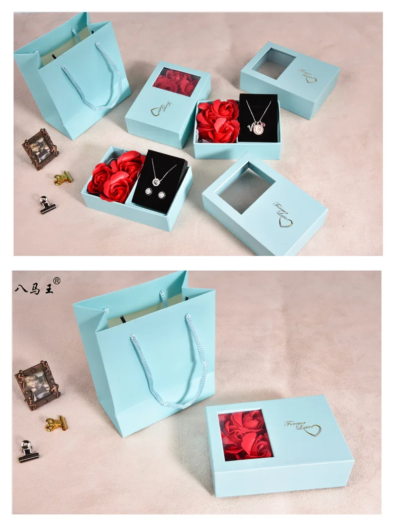 

High Quality Blue Paper Favour valentines day Gift Box Jewelry Set Necklace Earrings Storge PackingBoxes