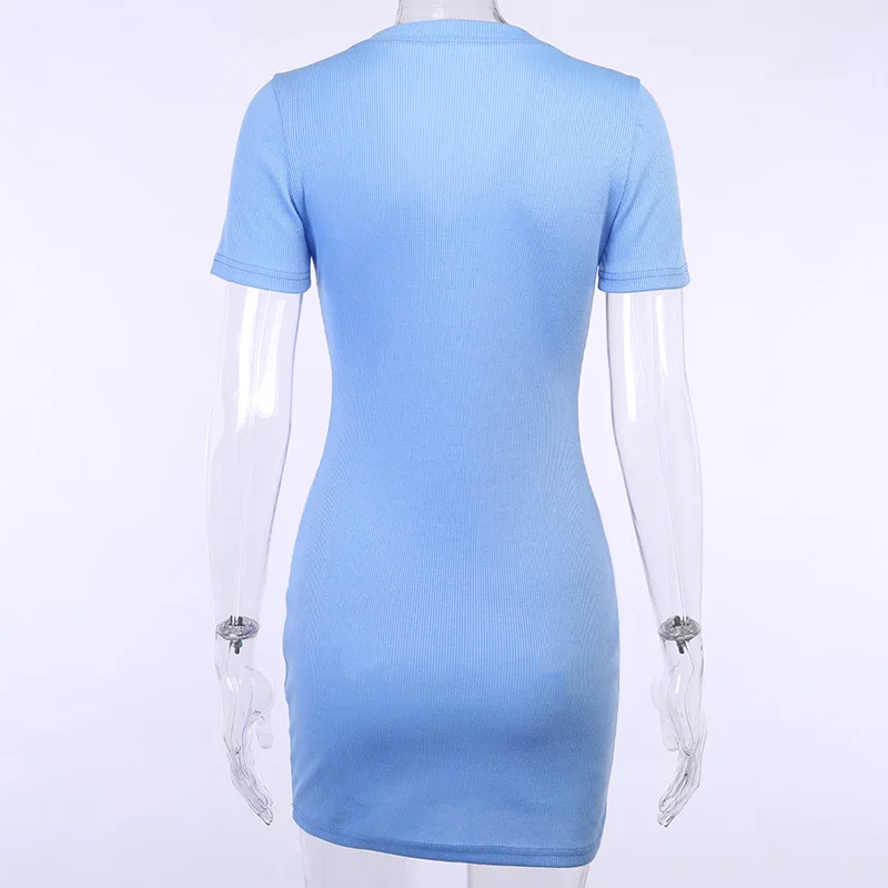 

Summer Dress Women 2020 New Slim Button Cardigan Dresses Women Blue Short Sleeve Knitted V-Neck Bodycon Dress Elastic Sexy Dress
