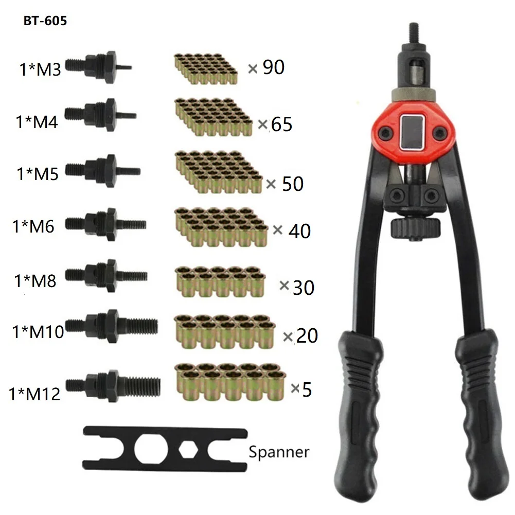 

300pcs Bt-605 Riveter Nuts Hand Blind Riveter 7pcs Mandrel M3 M4 M5 M6 M8 M10 M12 Multiple Accessories Complete Set