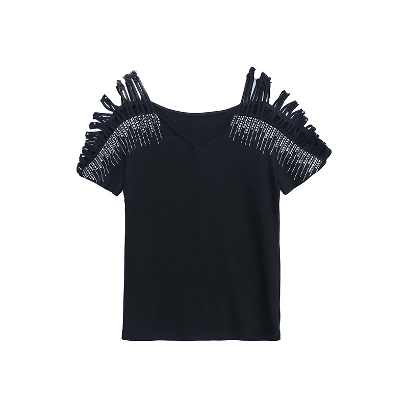 

Sexy V-Neck Off Shoulder Tops T shirt Women Tops Summer Top Female Tshirt Hollow Out Diamond Short Sleeve Tee Shirt Femme