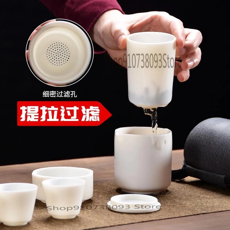 

Dehua White Porcelain Travel Tea Set Portable Bag Filter Bubble Teapot Express Cup Outdoor Kungfu