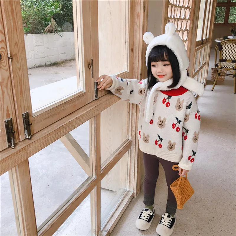 

DFXD 2020 Winter New Design Baby Girls Sweaters Pullover Cartoon Cherry Pattern Long Sleeve Girls Knitwear Cotton Costume 2-8Yrs