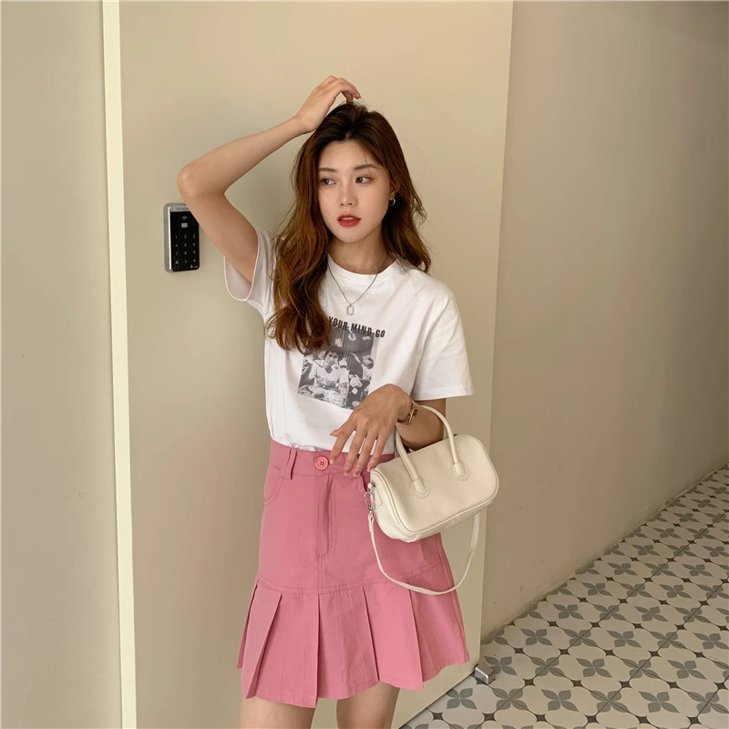 

2021 summer new short sleeve T-shirt women's loose and versatile Vintage printed slim Pullover round neck top