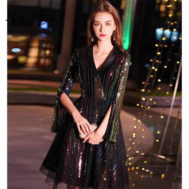 It's Yiiya Cocktail Dress 2019 V-Neck Three-Quarter Woman Robe Dresses Plus Size Sequin Knee-Length Gowns E804 | Свадьбы и