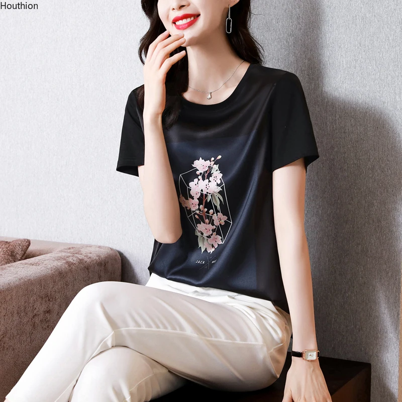 

Loose Women's T-shirt Summer Top Casual O-collar The New Satin Tops Short Sleeve Tees Printing Fashion T Shirt 10016