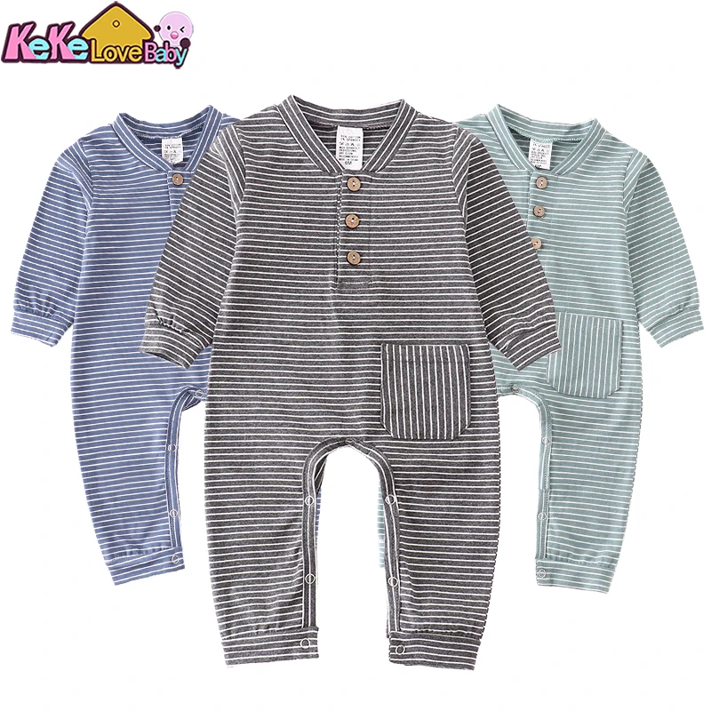 Autumn Baby Boy Clothes Solid Color Newborn Infant Romper Pajama Overalls Cotton Long Sleeve Stripe Jumpsuit For New Born