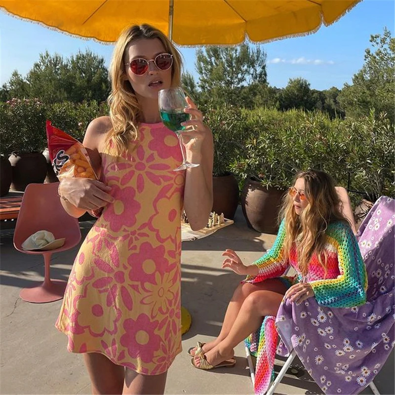 

Dourbesty Y2K розовое цветочное вязаное платье летние мини платья с запахом для женщин 2021 пикантные Клубные облегающие короткие платья без рукав...