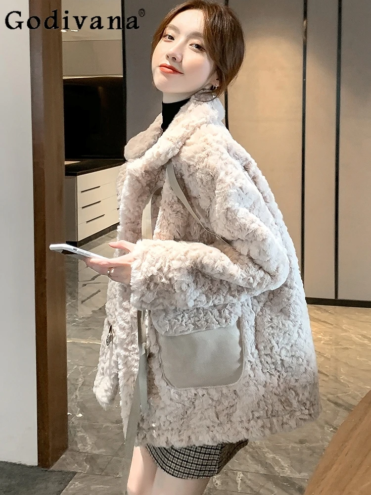 

Пальто из овечьей шерсти в Корейском стиле, женская зимняя короткая свободная Толстая плюшевая куртка из искусственного меха, женская улич...