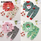 Пижамный комплект для мальчиков и девочек, хлопковый пижамный комплект с рождественским принтом в виде лося, снеговика, длинные штаны, Осень-Зима Пижама для мальчиков