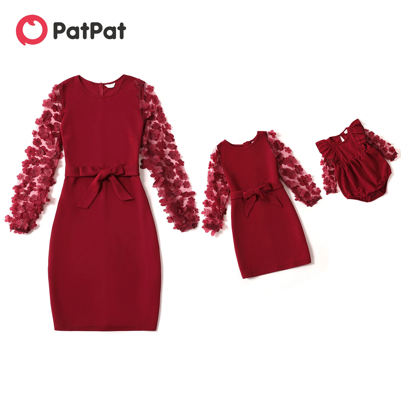 PatPat 3D Floral Appliques Mesh Long-sleeve Belted Bodycon Dress for Mom and Me