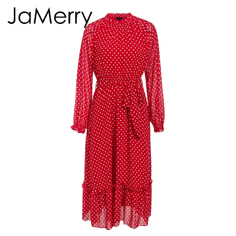 JaMerry, винтажное, Осеннее, женское, вечерние, длинное, макси платье, элегантное, рукав-фонарик, в горошек, с принтом, платья для отдыха, пляжный стиль, платья