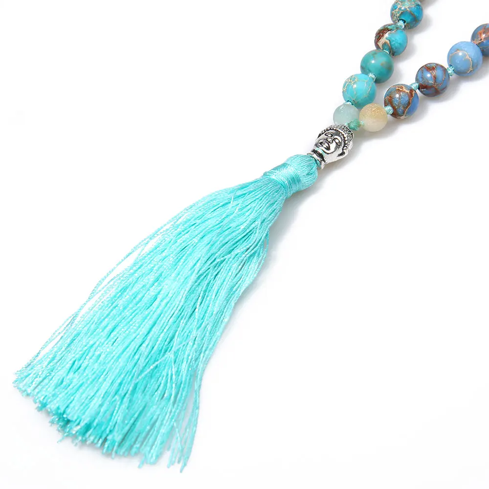Матовый Амазонит & Emperor Stone 108 Mala Beads ожерелье с узелками Men Women Yoga Bless Jewelry головой