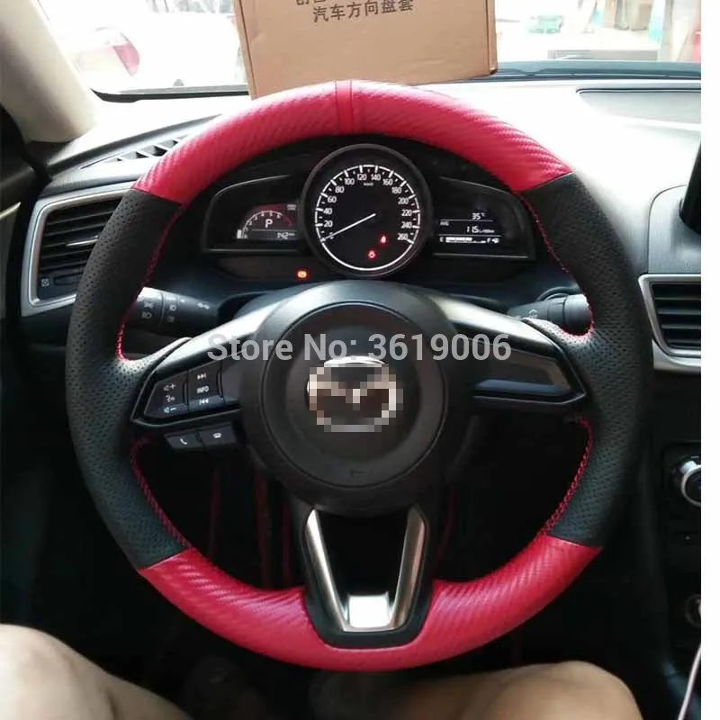

For Mazda 3 Axela Red Carbon Fiber Black Leather DIY Car Steering Wheel Cover