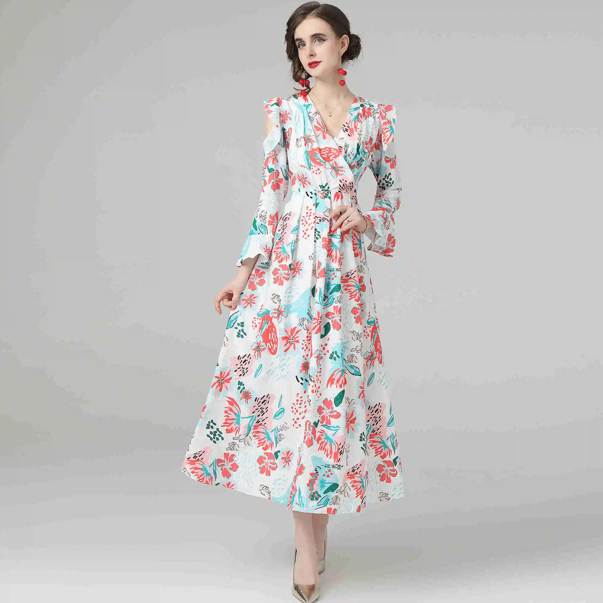 

Женское плиссированное платье с оборками, элегантное Брендовое платье с цветочным принтом и вырезами на плечах, осень 2021