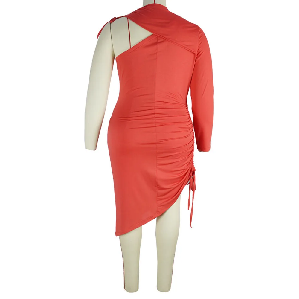 

2021 Western Style Summer New One Shoulder Round Neck High Waist Shirring Women's Dress Irregular Solid Color Sexy