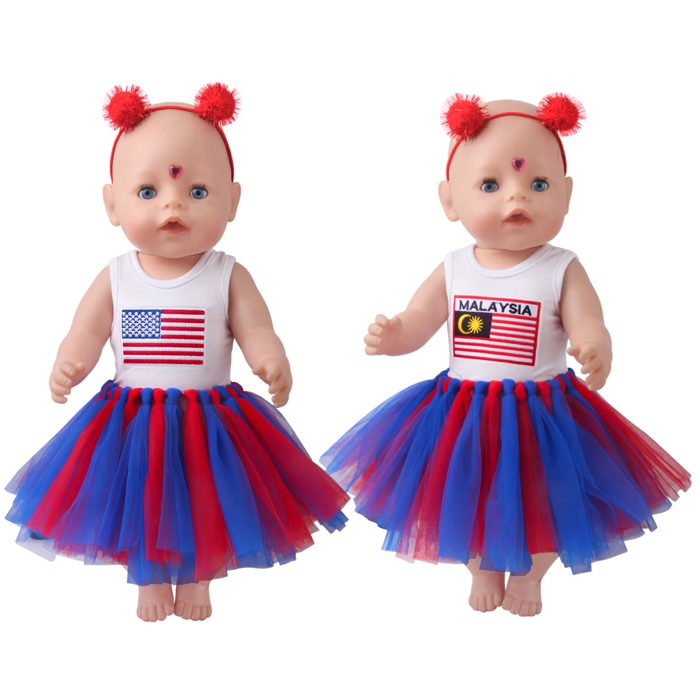 

43 Cm Baby Boy Dolls Clothes Red,Blue Flag Dress American Short Gauze Skirt Newborn Baby Toys Fit 18 Inch Girls Doll f946