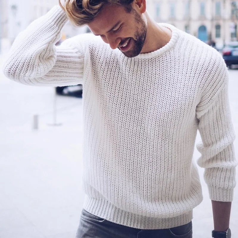 2019 New Casual Men's Cotton Sweater Fashion Pullover Knit Solid Color Slim Round Neck Sweaters Top Male |