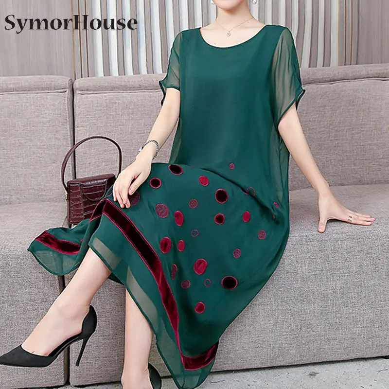 Женское шелковое платье с вышивкой свободное элегантное приталенное большого