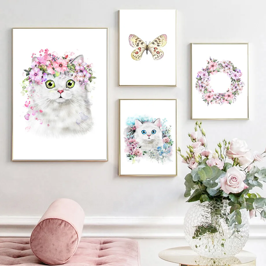 

Cartoon Cute Cat Butterfly Wall Art Canvas Painting Nordic Poster Watercolor Picture Nursery Printing For Livingroom Home Decor