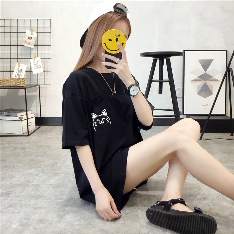 Футболка женская оверсайз с принтом кошки милая свободная парная одежда в стиле