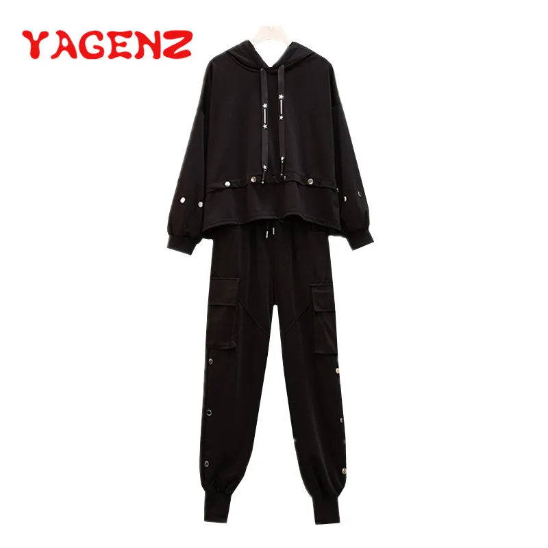 

YAGENZ Plus size Spring Women Clothes Two Piece Set Long sleeve Hooded Tops And Long Pants Tracksuit Women conjunto feminino 680