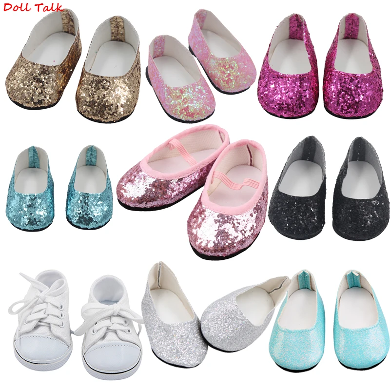 

New Fashion Baby Sequins Doll Shoes 7cm Manual Shoes Lovely 43cm Dolls Baby New Born and 18 inches American Doll Shoes Sock