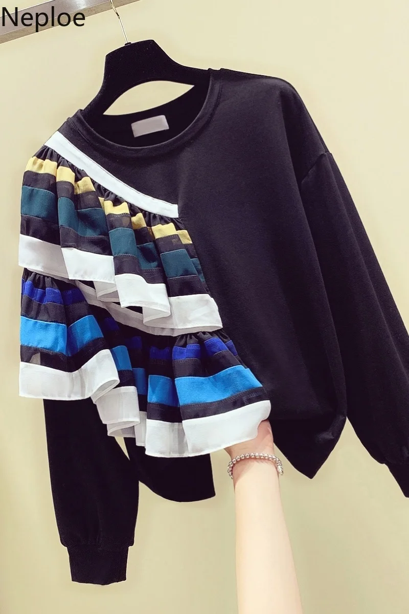 Neploe 2021 Winter Autumn Harajuku Tracksuit for Women Pullover Hoodies Loose Female Striped Ruffles Sweatshirt Korean Clothes | Женская