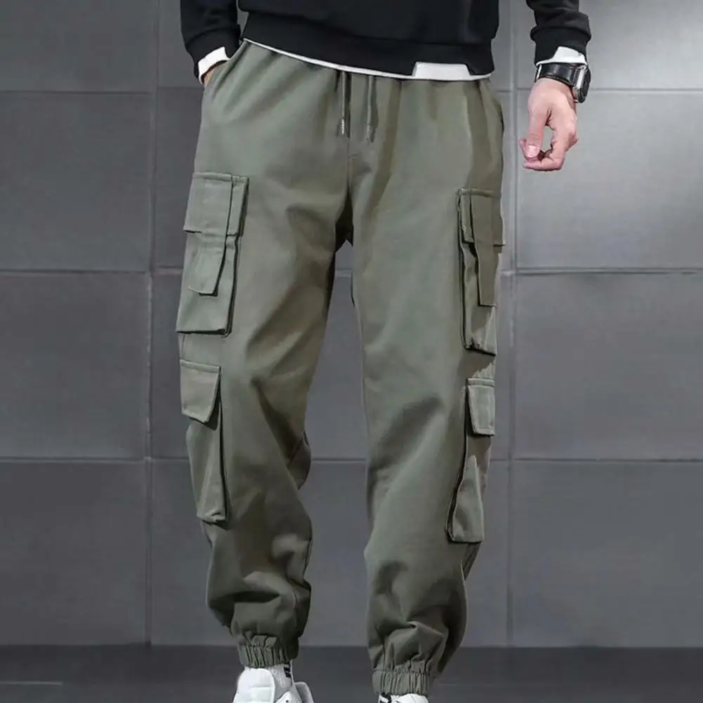 

Man Pants Fleece Elastic Waist Thicken Multi Pockets Cargo Pants for School