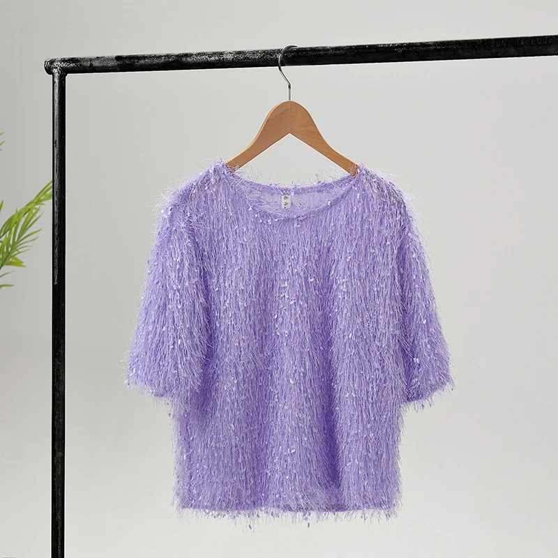 Лаванда Новинка, летняя Милая футболка с кисточками и коротким рукавом, Женская винтажная однотонная свободная футболка с круглым вырезом, уличная Женская одежда, топы Mw652 - Цвет: Лаванда