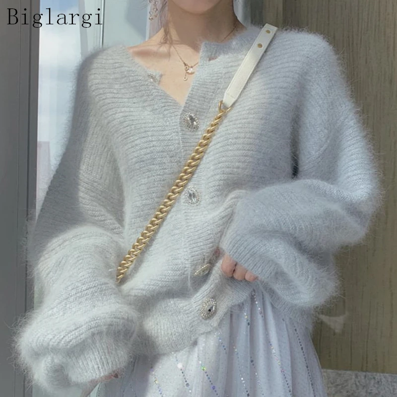 Осенний вязаный Пушистый кардиган свитер женский корейский стиль белые