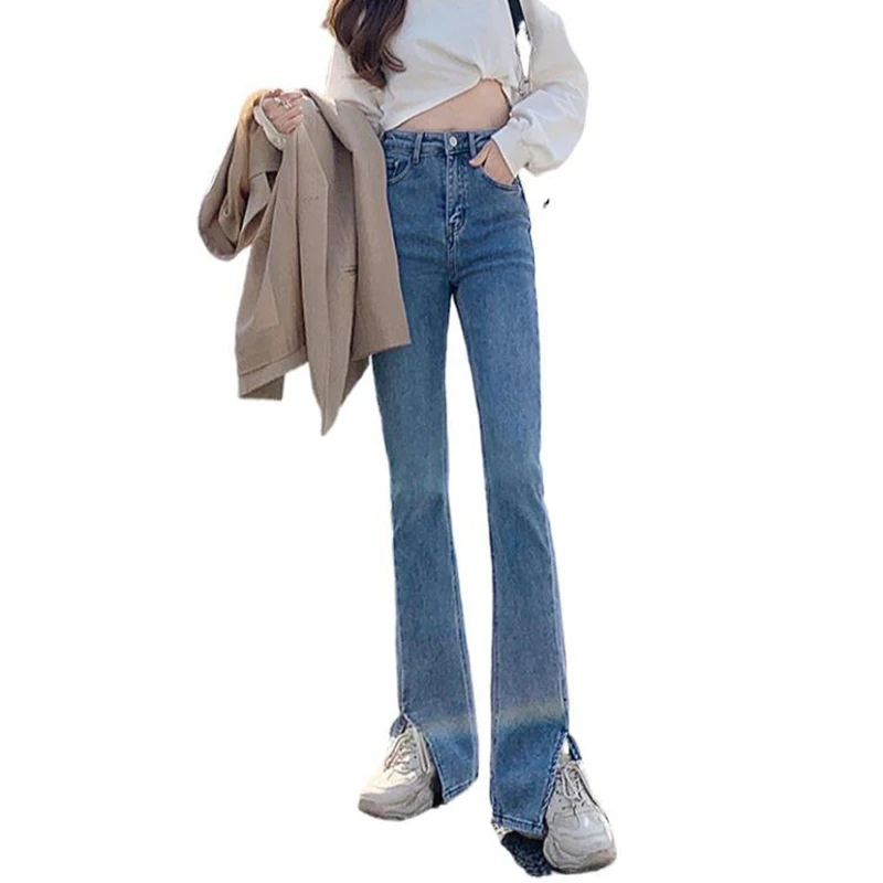

High-waist split jeans women's spring 2021 new style slim, micro-lamb, wide-leg, drape, and floor-length flared pants