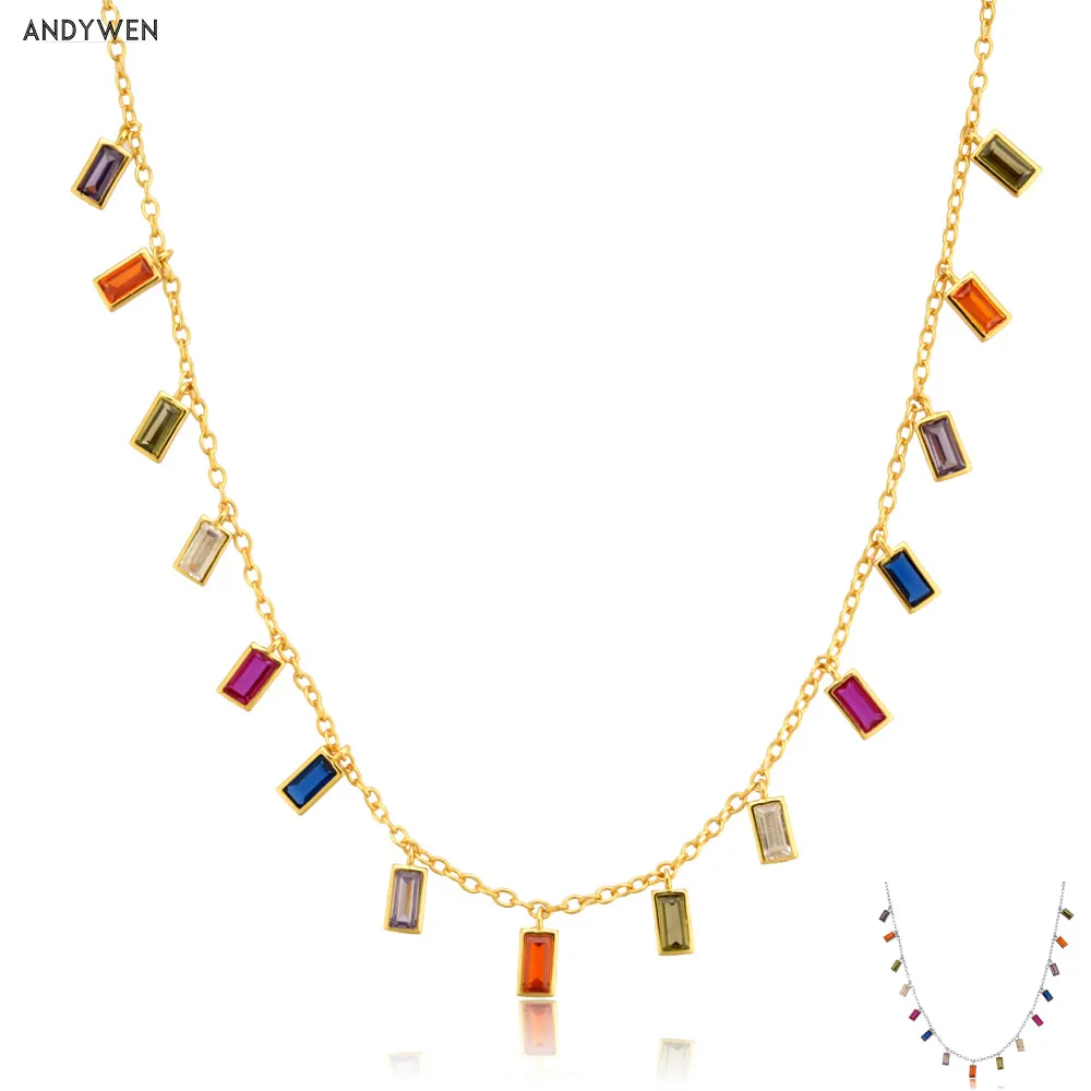 

ANDYWEN 925 Sterling Silver Colorful Zircon Charms Rainbow Chain Choker Long Neckalce Fashion Women European Party Fine Jewelry