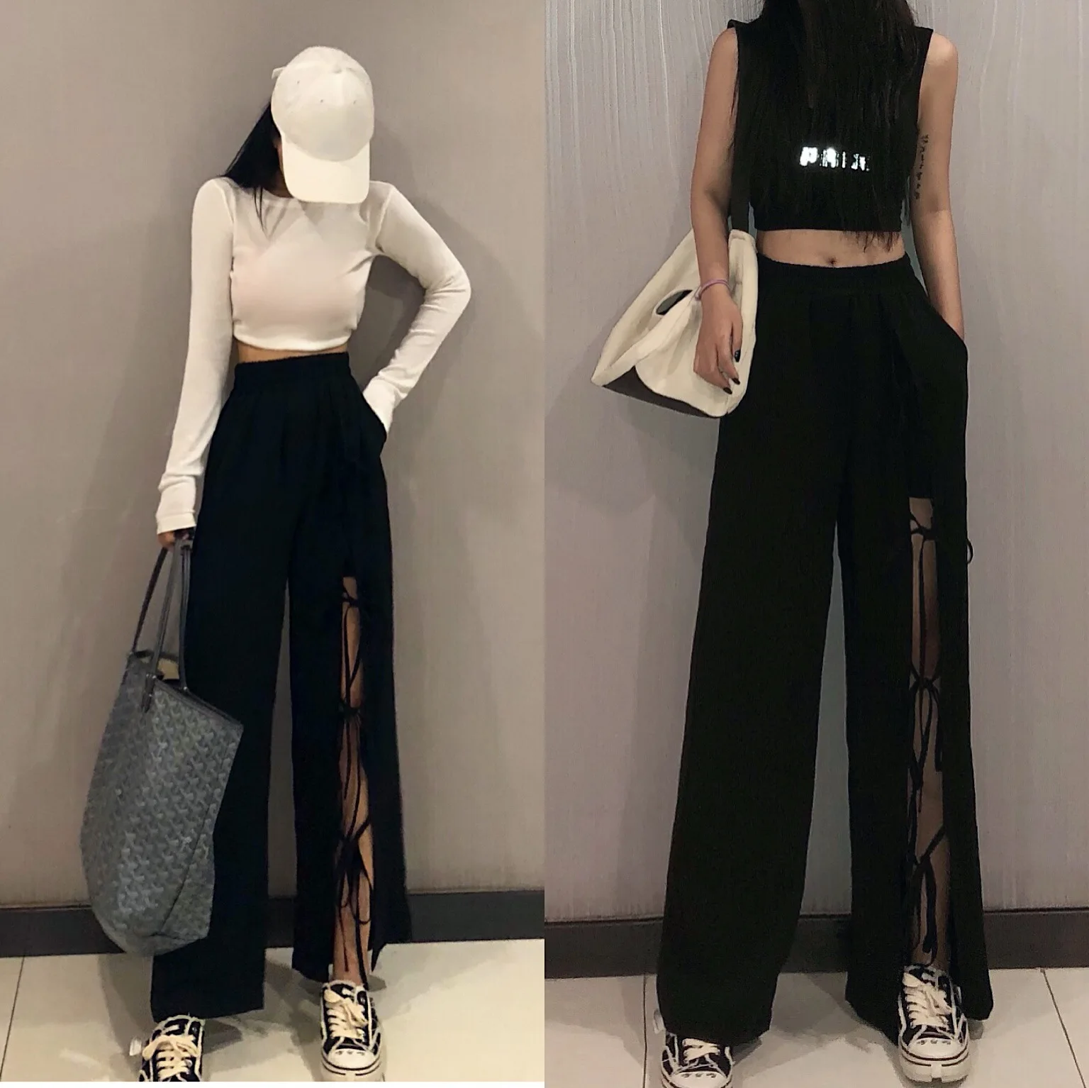 

GOOHOJIO 2020 autumn winter casual straight pants women female drawstring loose high waist slit wide leg pants casual Trousers