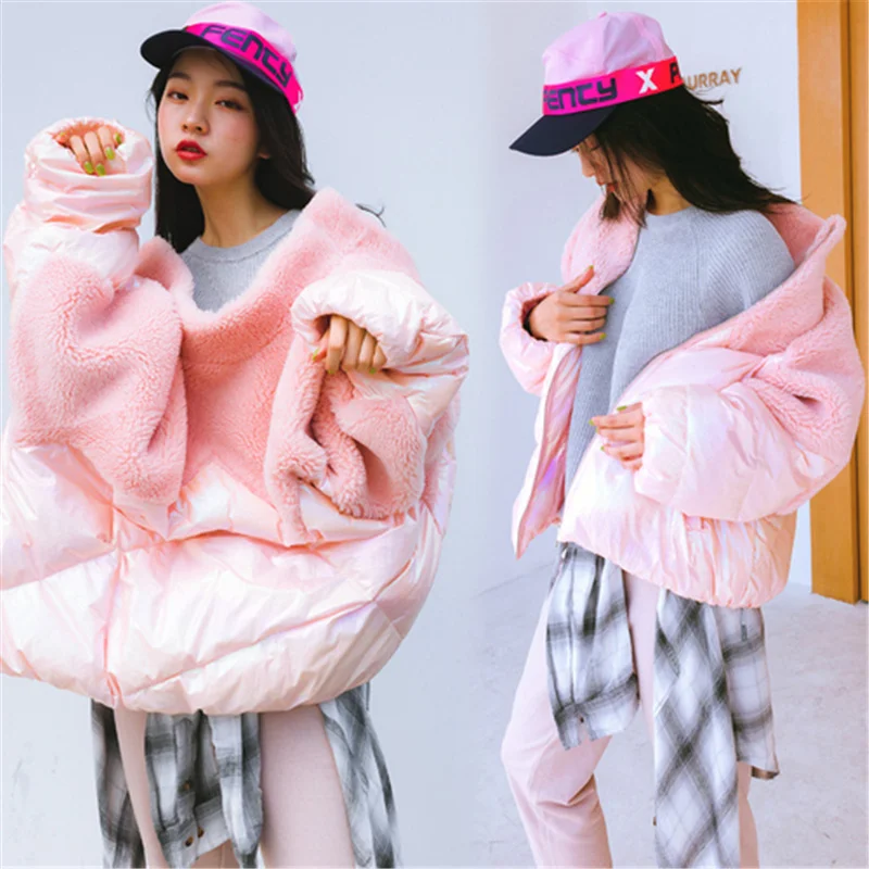 Korean Elegant Lamb Wool Patchwork Winter Coat Women Sweet Preppy Style Girl Jacket Fashion Bright Color Short Parkas | Женская одежда