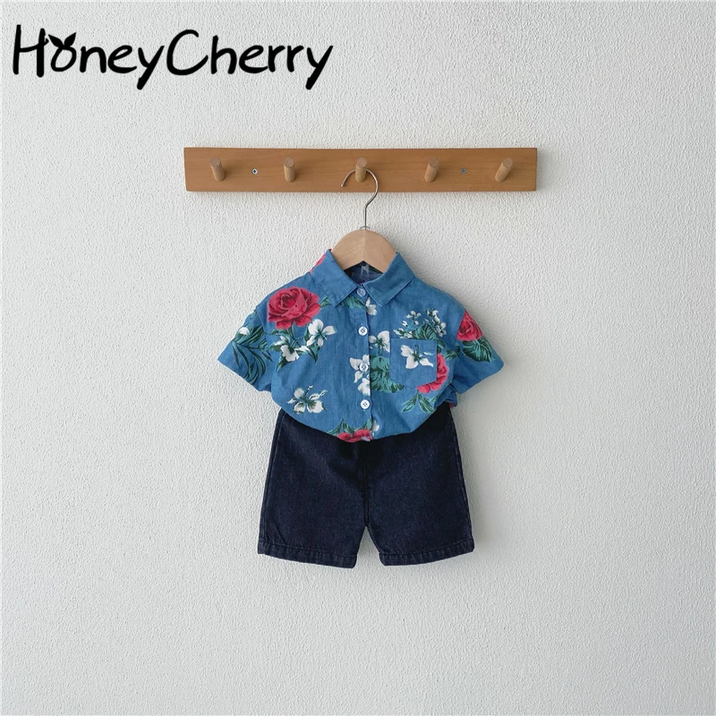 

2021 summer new baby retro shirt denim shorts two sets baby girl clothes set