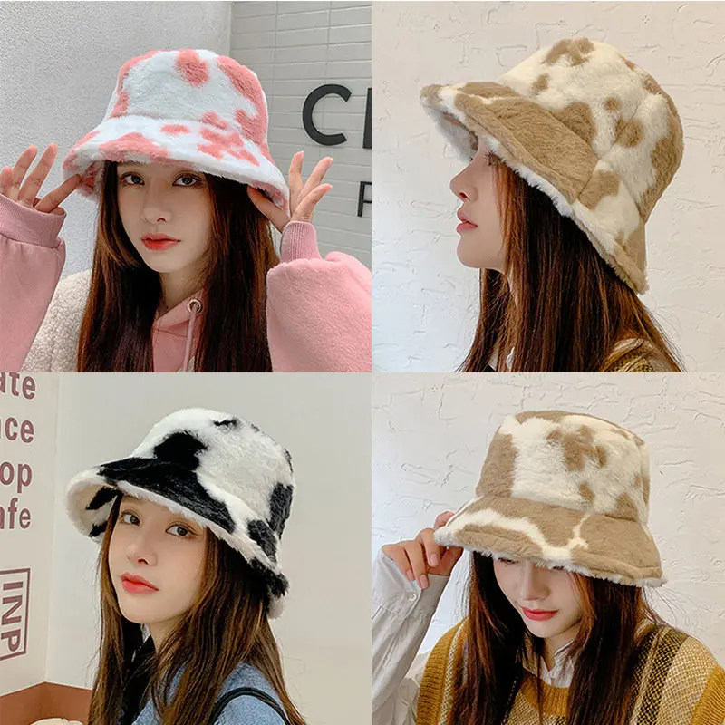 Winter Cow Faux Fur Fluffy Bucket Hats Women Outdoor Warm Sun Hat Soft Velvet Furry Fisherman Cap Girl Fashion Panama Gorro