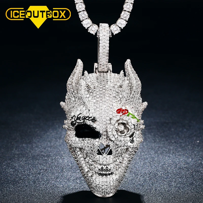 

Кулон в виде головы черепа розы в стиле ретро, украшение с полным хрусталем AAA + с фианитами в стиле хип-хоп, винтажное ожерелье со скелетом
