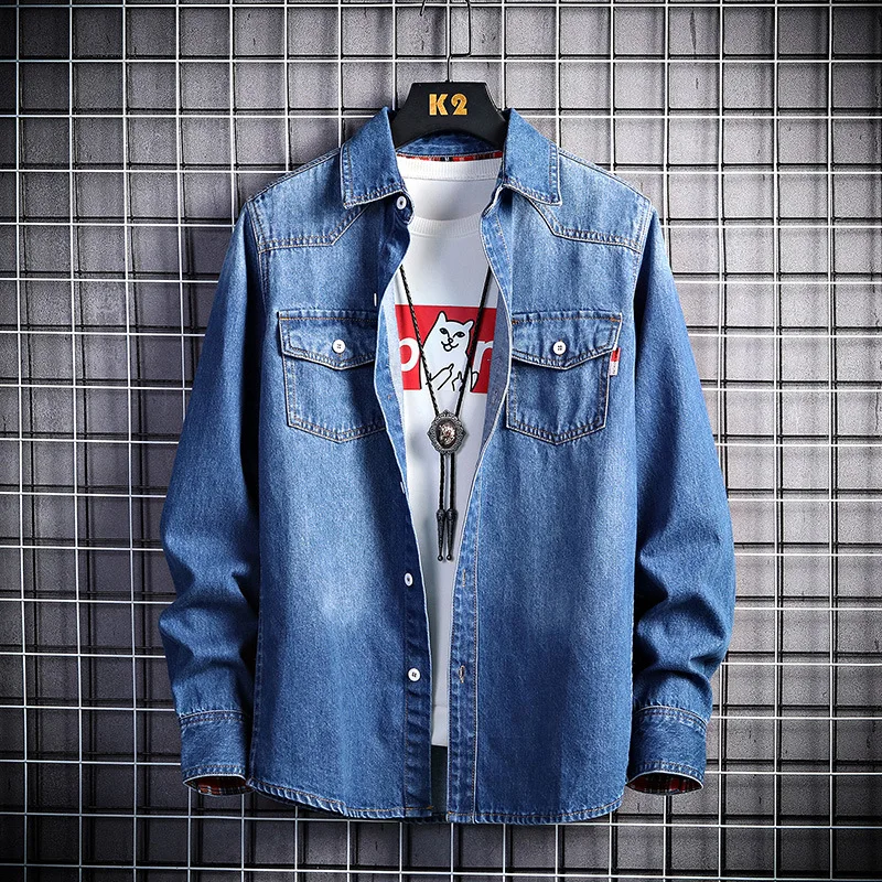 

2020 autumn new men's thick denim long sleeve shirt Korean style trendy business casual retro jacket shirt classic cowboy coat