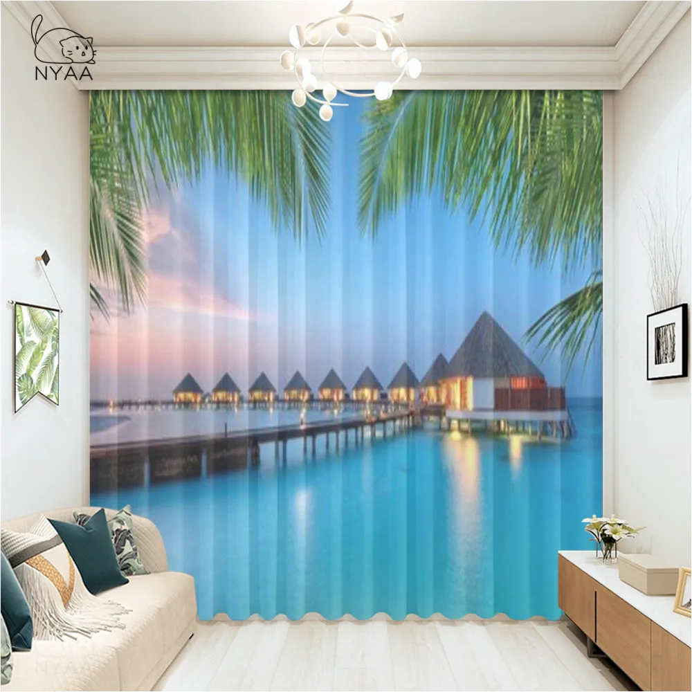 

Conch Starfish Blue Sea Beach Printing Curtain Kitchen Curtains For Window Room Design Curtains Blackout Grommet Micro Shading