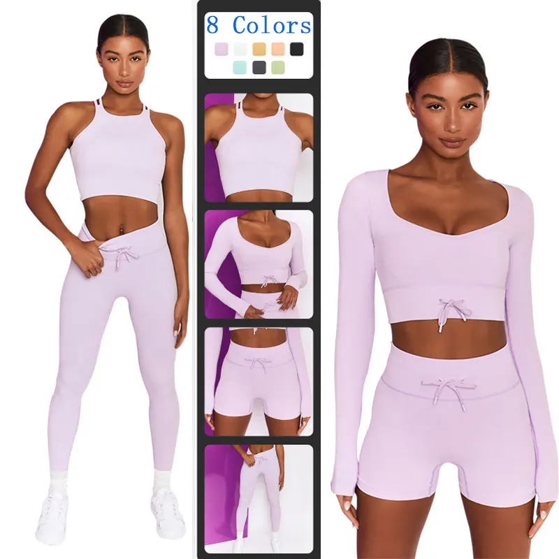 

Women's Leggings Yoga Set Workout Clothes Athletic Wear Sports Gym Legging Seamless Fitness Bra Crop Top Long Sleeve Yoga Suit
