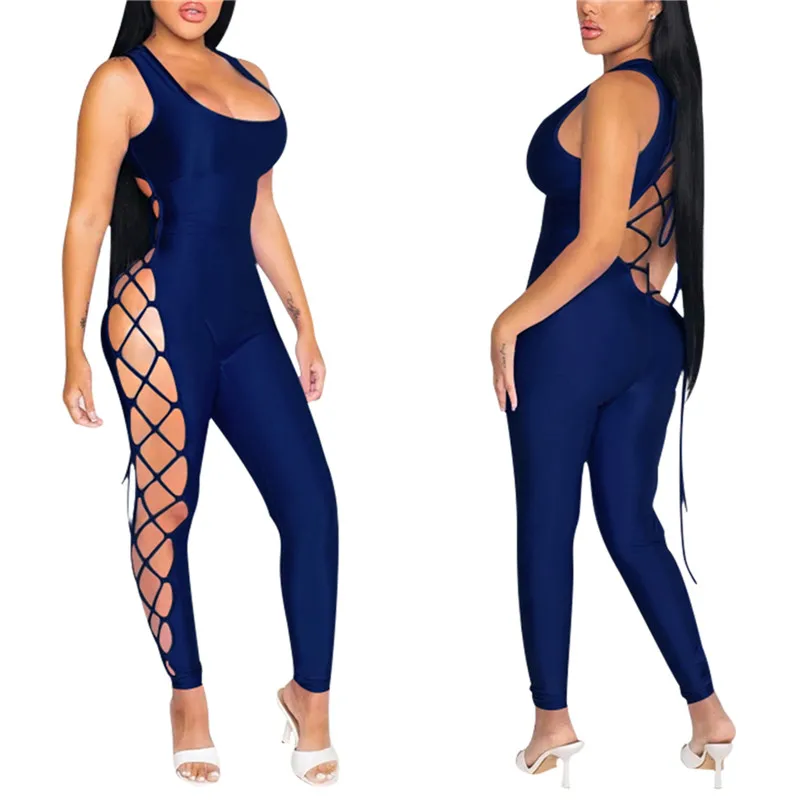 

Stylish Hollow Out Bandage Jumpsuit Women Bodycon Casual Streetwear Side Hollow Out Skinny Overalls Summer Club Activity Romper