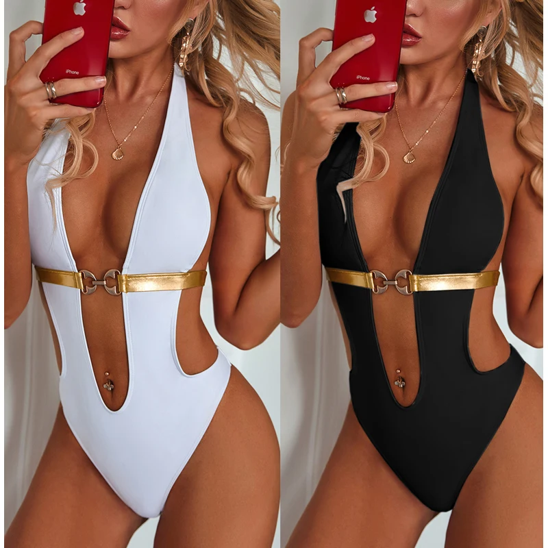 

Swimsuit Women Plus Size Push Up Swimwear Bikini 2021 Set Beachwear Gold Sling Buckle Black One Piece Metal Print Nylon Sierra