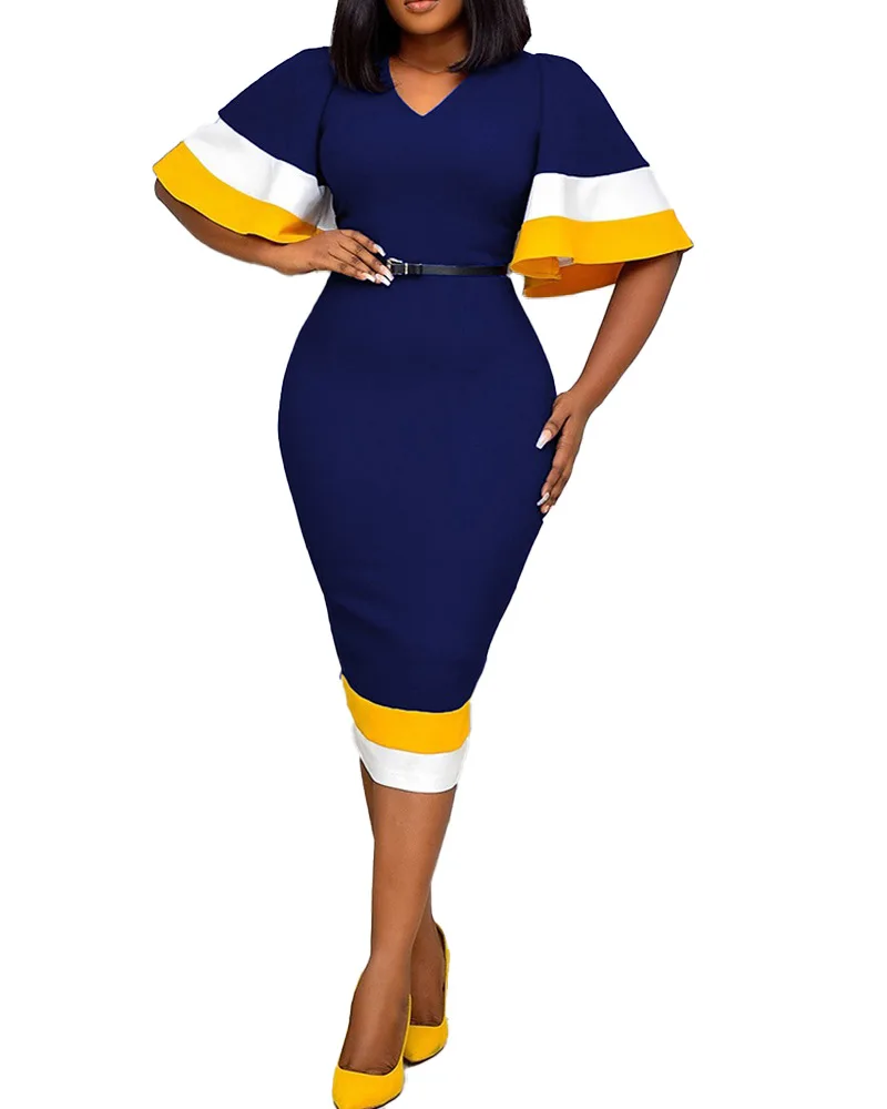 

Summer fashion color matching trumpet sleeve medium length dress African large women's dress dresses for women