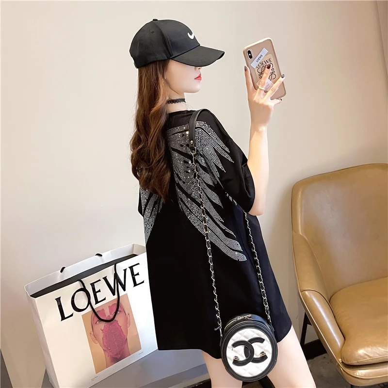 

Houthion Cotton Women's T-shirt Diamond Loose Short Sleeve Tshirt Plus Size Top New Korean Fashion Tops Casual O-neck T Shirt