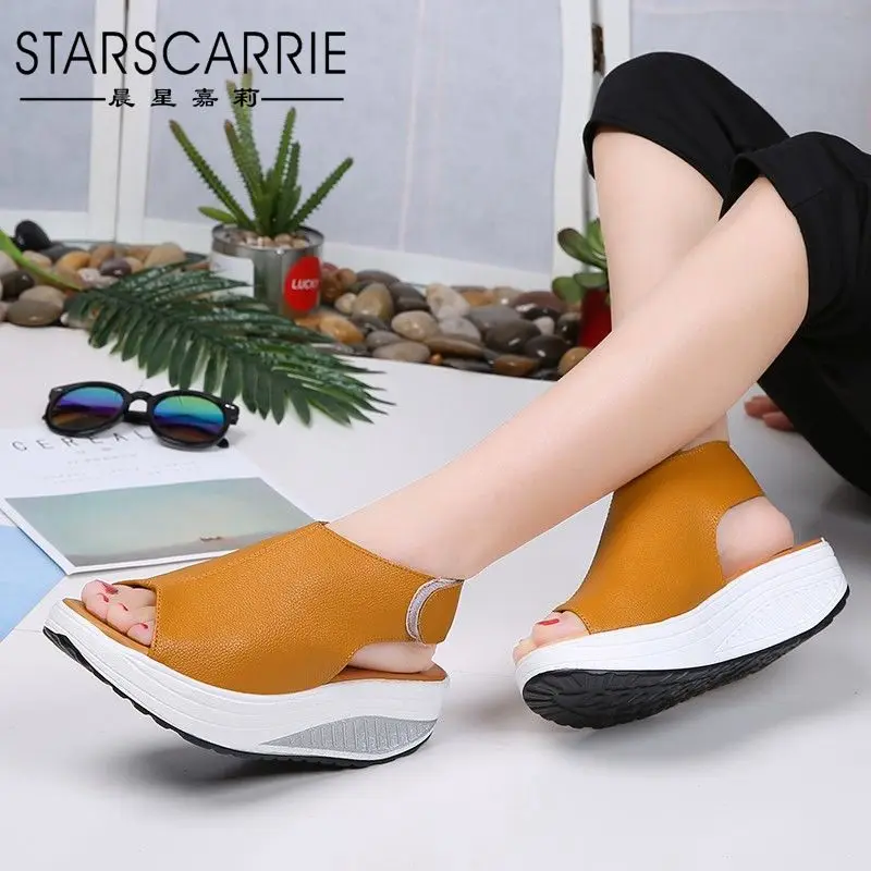 

2022 new rocking shoes women's summer sandals thick-soled velcro wedge platform platform fish mouth sandals