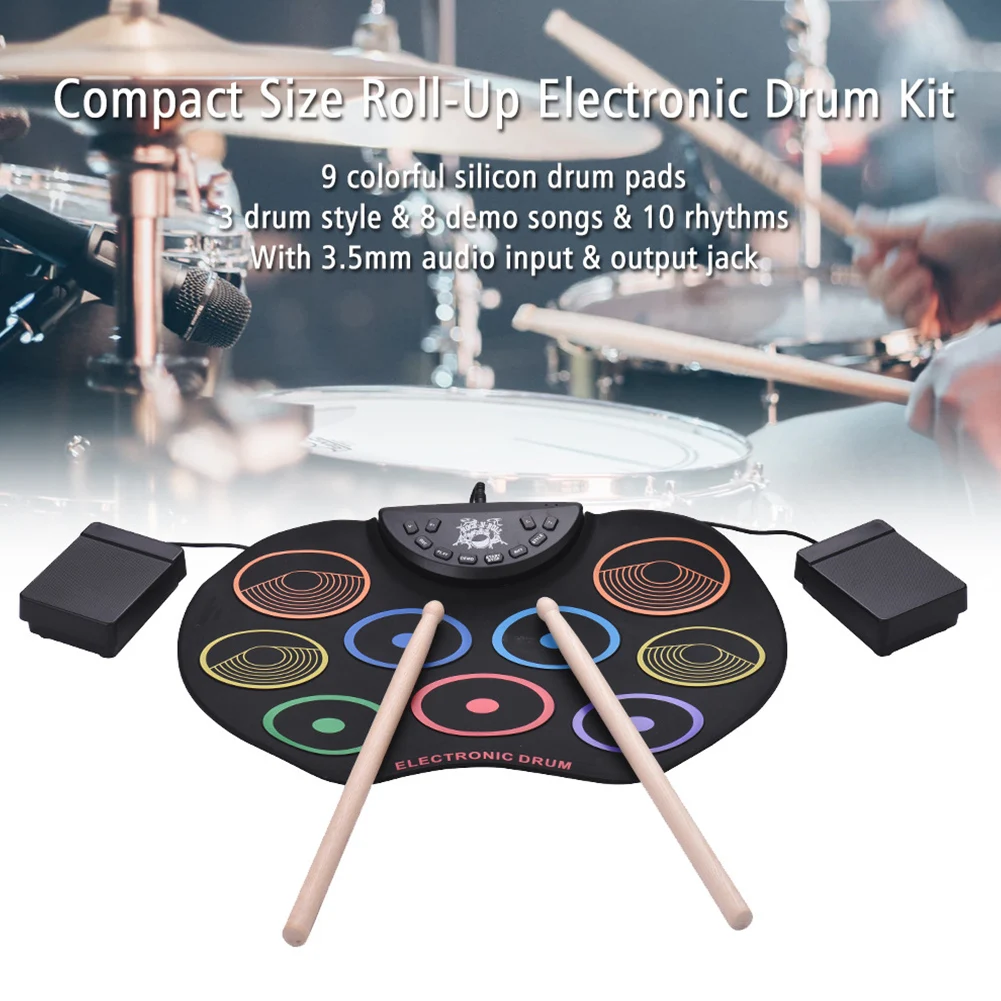

New Electronic Roll-up Drum Kit 9 with Drumsticks Compact Size Foot Pedals Usb Silicone Drum Pads / Battery Powered for Kids